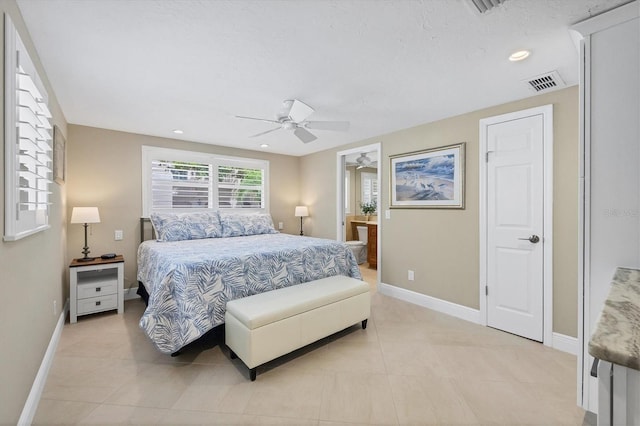 6140 Midnight Pass Rd Unit A10, Sarasota, FL 34242 - bedroom featuring a ceiling fan, light tile patterned floors, recessed lighting, and ensuite bathroom