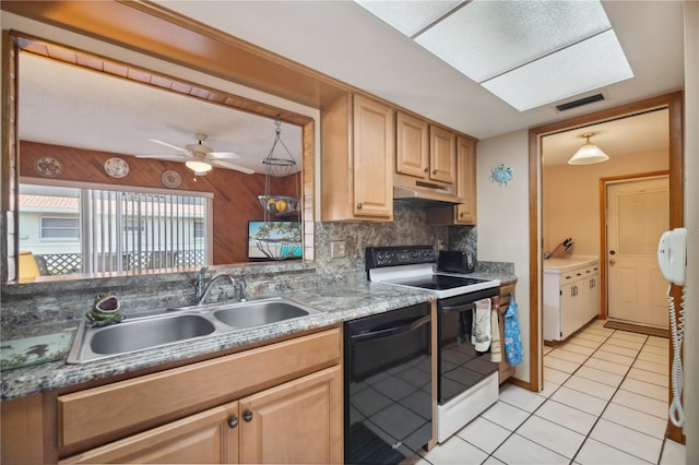 kitchen featuring under cabinet range hood, electric range, a sink, visible vents, and black dishwasher