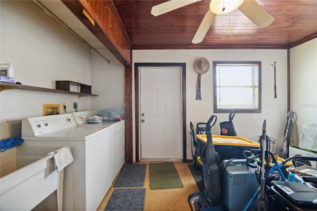 laundry room featuring laundry area, wooden ceiling, ceiling fan, and washing machine and clothes dryer