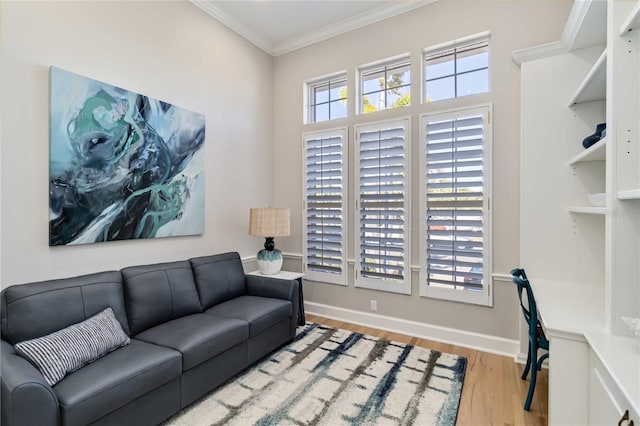 living area featuring ornamental molding, baseboards, and wood finished floors