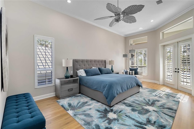 bedroom featuring crown molding, recessed lighting, wood finished floors, access to outside, and baseboards