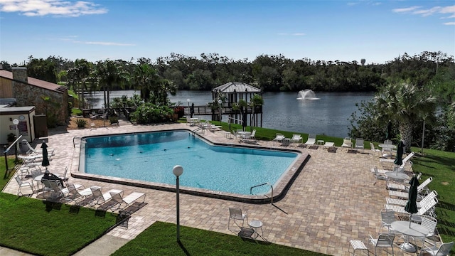 pool featuring a water view and a patio