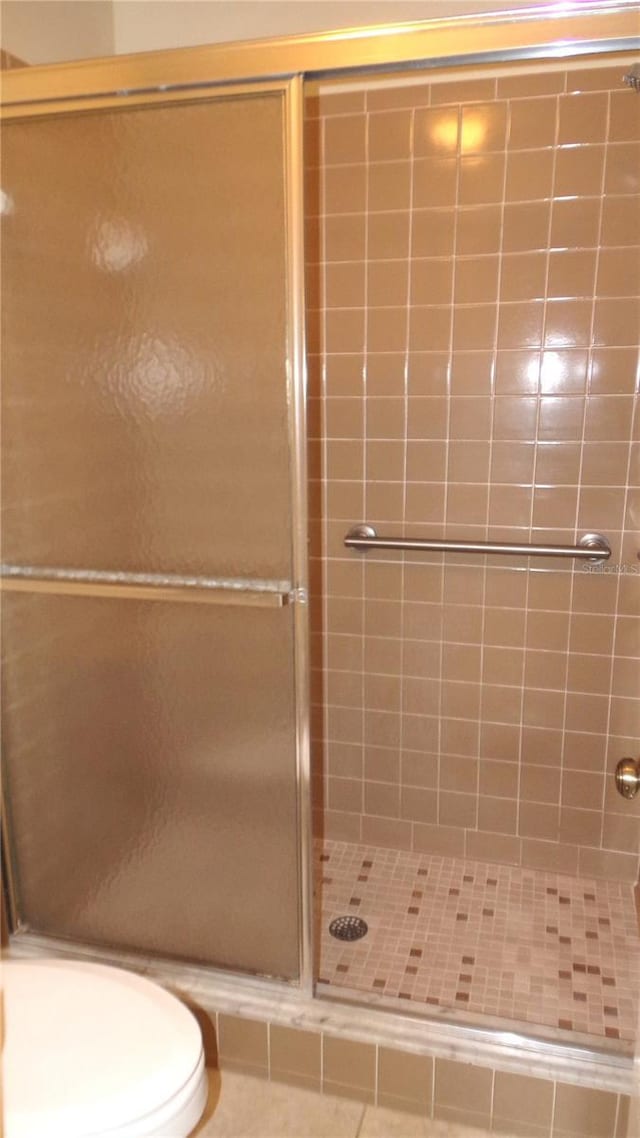 full bathroom with toilet and a stall shower