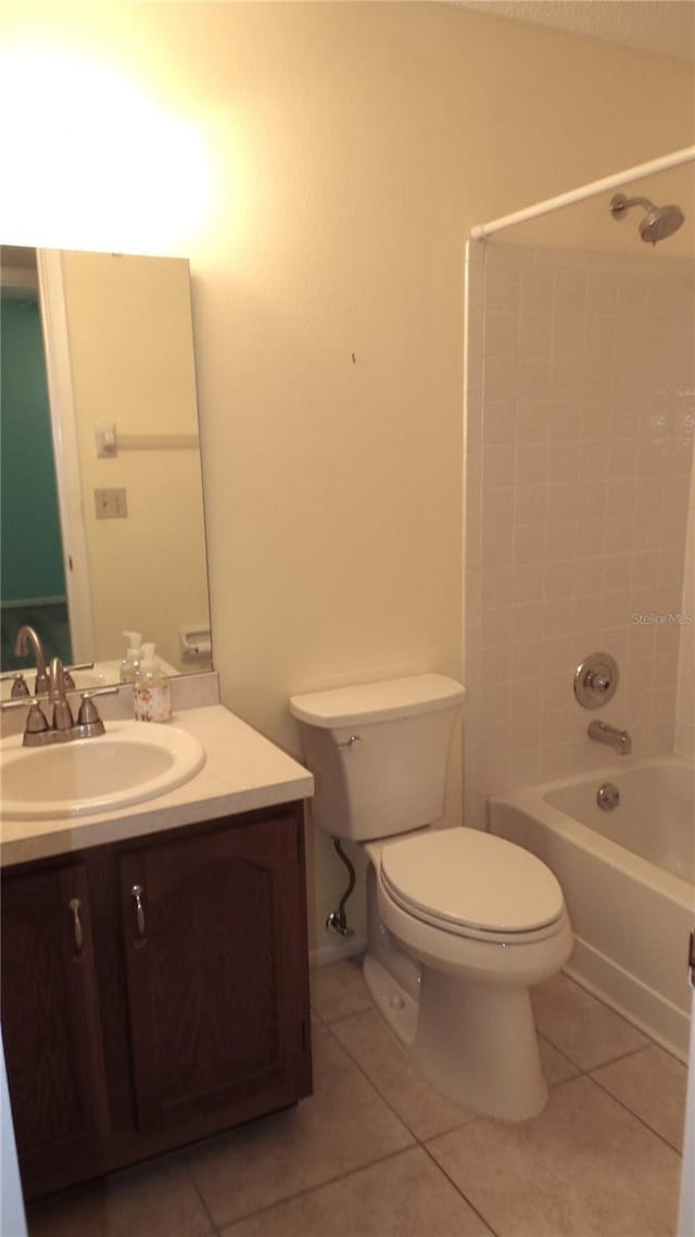 bathroom with vanity, toilet, shower / bathtub combination, and tile patterned flooring