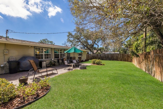 view of yard with a patio area, a fenced backyard, and a fire pit