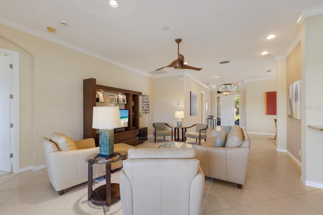 living area with light tile patterned floors, ceiling fan, recessed lighting, and crown molding