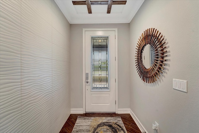 doorway to outside featuring crown molding, dark wood-type flooring, and baseboards