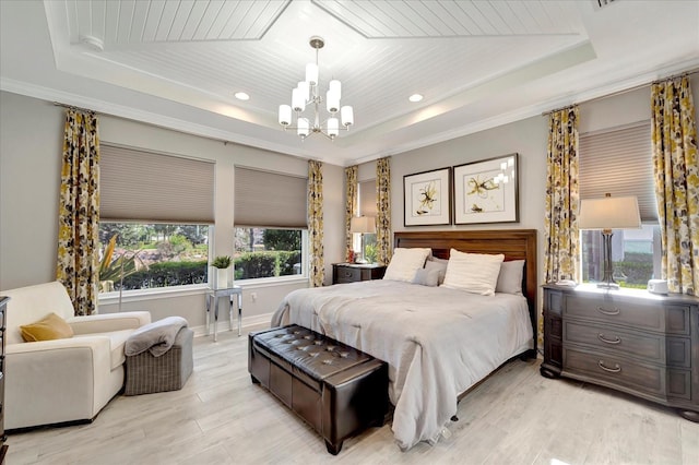 bedroom featuring ornamental molding, wooden ceiling, a raised ceiling, and a notable chandelier