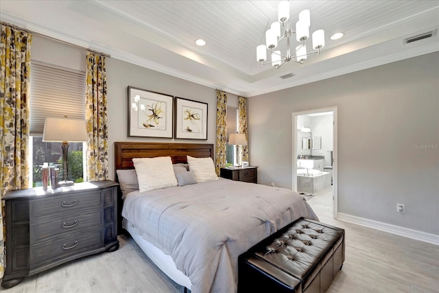 bedroom with crown molding, a raised ceiling, visible vents, a chandelier, and baseboards