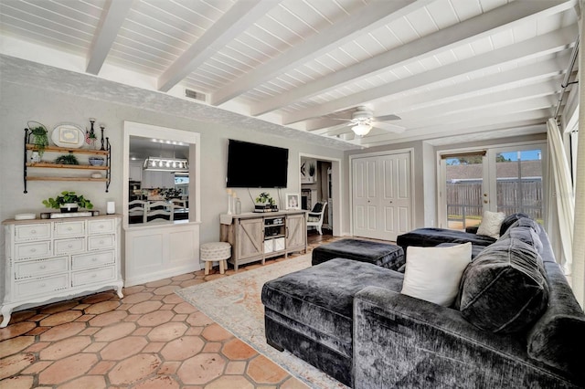 living area with beamed ceiling, wooden ceiling, visible vents, and a ceiling fan