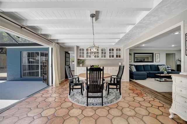 dining room with a chandelier, beamed ceiling, wooden ceiling, and recessed lighting