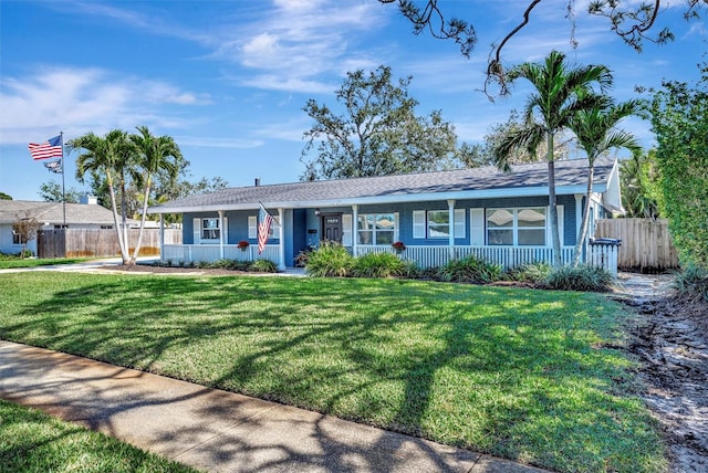 ranch-style home with covered porch, fence, and a front yard