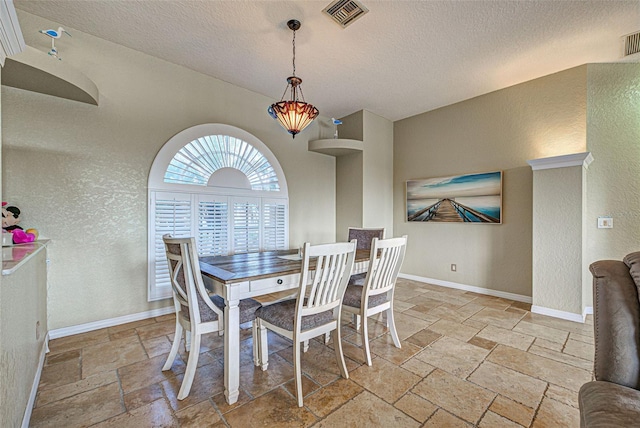 dining room with baseboards, a textured wall, visible vents, and stone tile floors