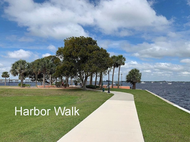 view of community featuring a water view and a yard