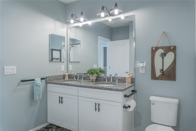 full bathroom with toilet, double vanity, and a sink