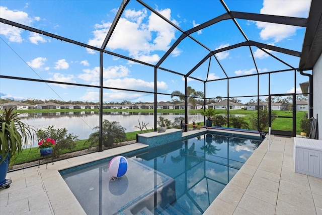 pool with a water view, a lanai, and a patio