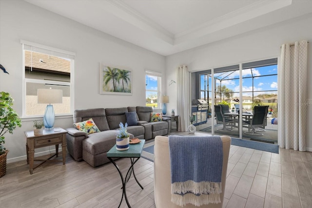 living area with ornamental molding, a tray ceiling, light wood finished floors, and a healthy amount of sunlight