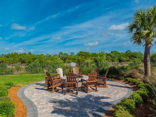 view of patio featuring an outdoor fire pit and fence