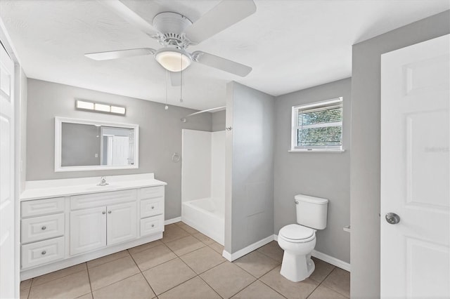 bathroom featuring toilet, ceiling fan, baseboards, and vanity