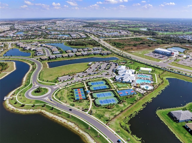 birds eye view of property featuring a water view