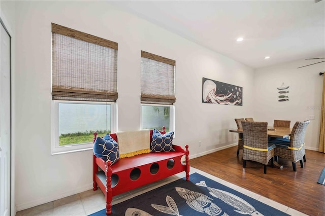 sitting room featuring recessed lighting, wood finished floors, and baseboards