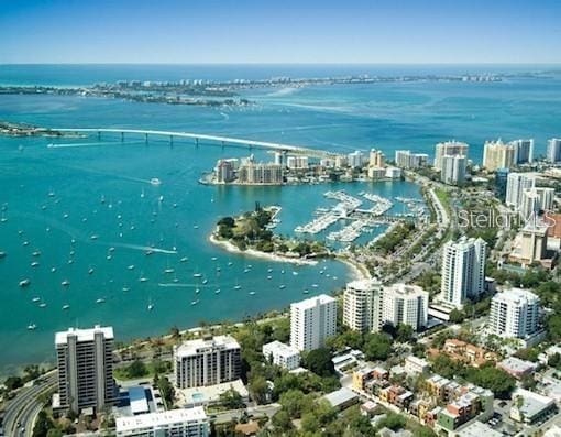 drone / aerial view with a view of city and a water view