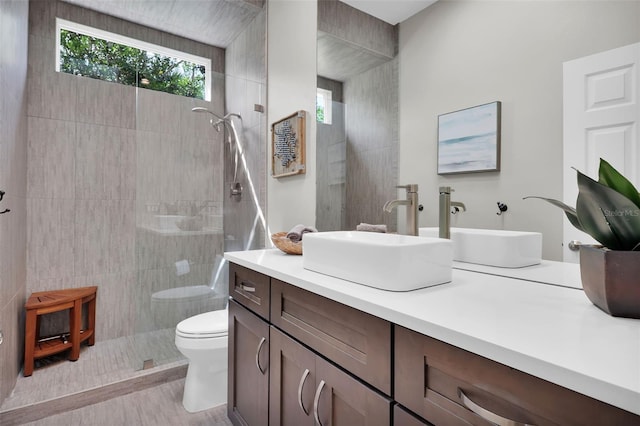 bathroom featuring toilet, walk in shower, and vanity