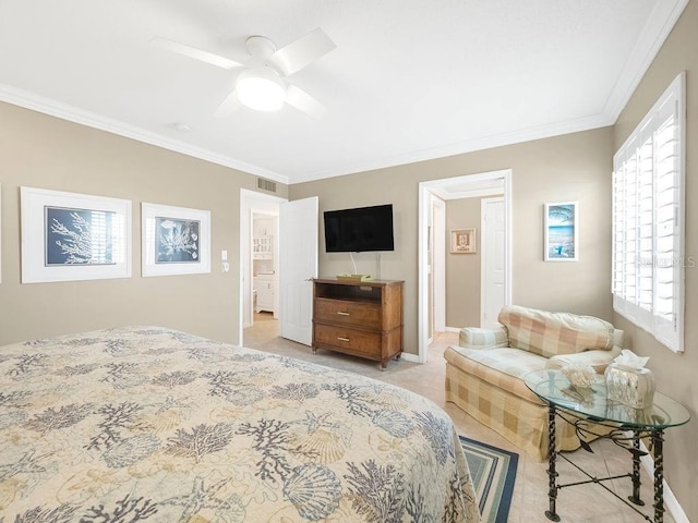 bedroom featuring baseboards, a ceiling fan, visible vents, and crown molding