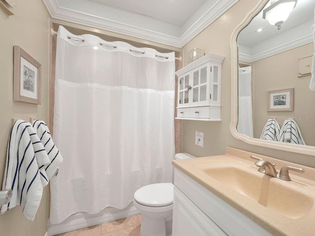 full bathroom featuring shower / tub combo, toilet, tile patterned flooring, crown molding, and vanity