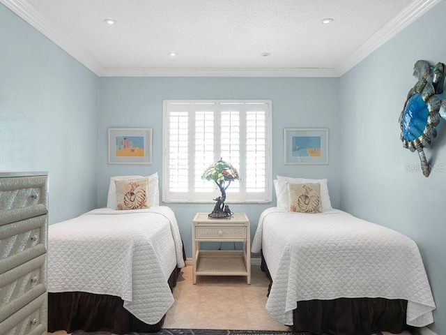 bedroom with light tile patterned floors, ornamental molding, recessed lighting, and baseboards