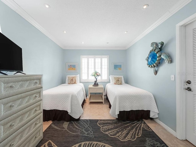 bedroom featuring recessed lighting, light tile patterned flooring, crown molding, and baseboards