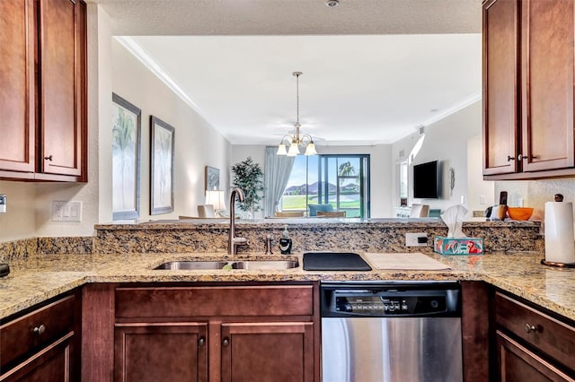 kitchen featuring a chandelier, light stone counters, a sink, stainless steel dishwasher, and crown molding