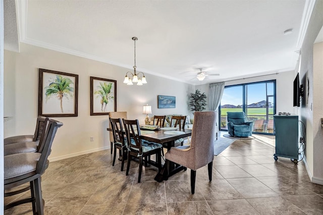 tiled dining space featuring baseboards, ornamental molding, and ceiling fan with notable chandelier