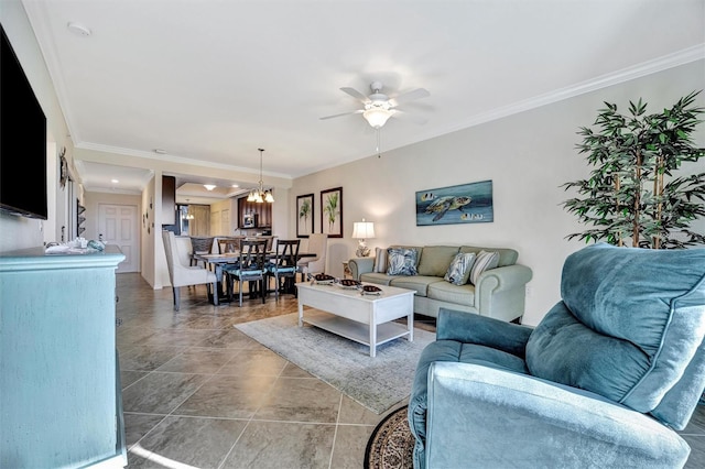 living area featuring ornamental molding and ceiling fan with notable chandelier