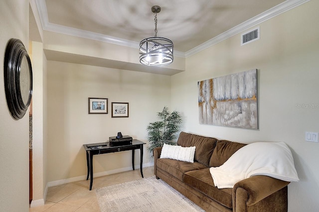 living room featuring baseboards, visible vents, ornamental molding, tile patterned floors, and an inviting chandelier