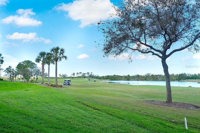 view of community featuring a water view and a lawn