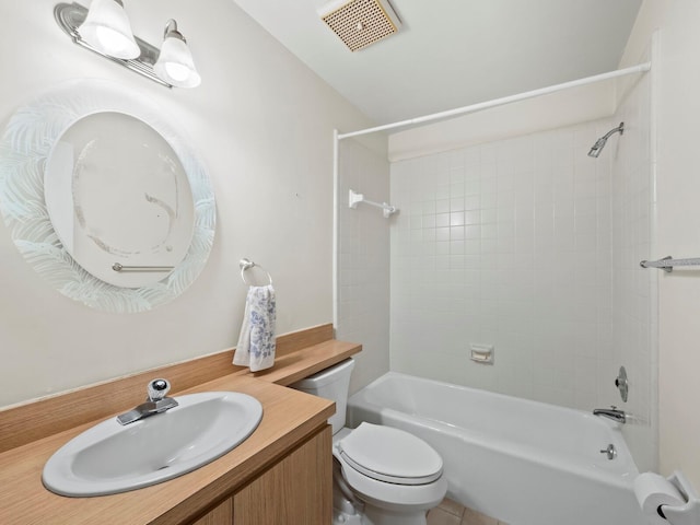 bathroom with toilet, shower / washtub combination, vanity, and visible vents