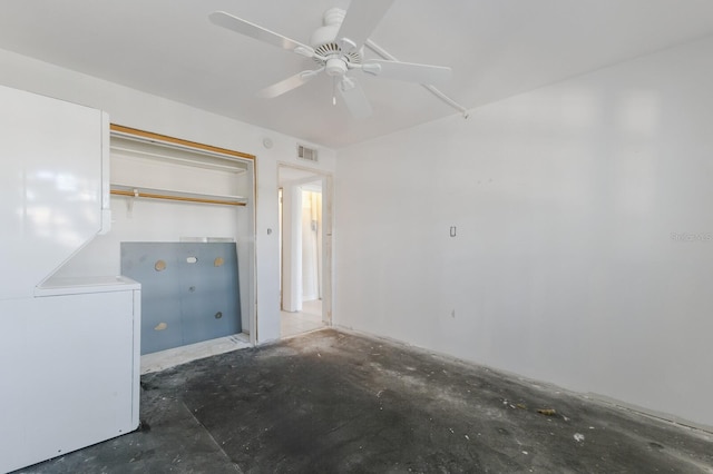 unfurnished bedroom with visible vents, unfinished concrete flooring, and ceiling fan