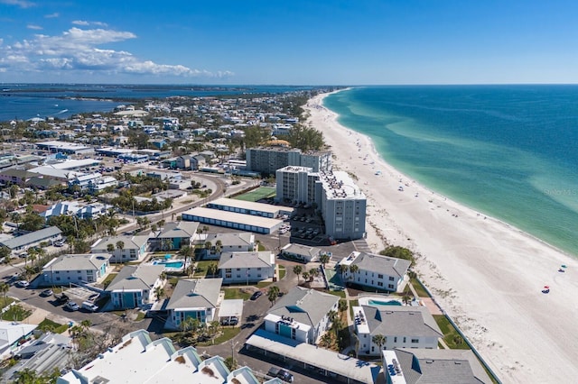 aerial view featuring a view of the beach and a water view