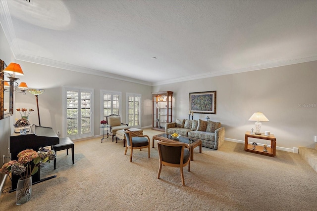 living room featuring a textured ceiling, crown molding, and light colored carpet