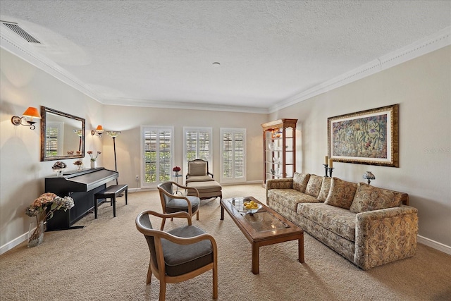 living area with light carpet, ornamental molding, a textured ceiling, and baseboards