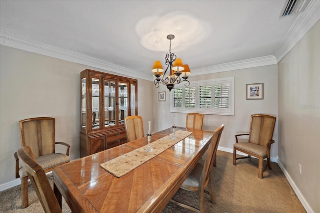 carpeted dining room with an inviting chandelier, baseboards, visible vents, and ornamental molding