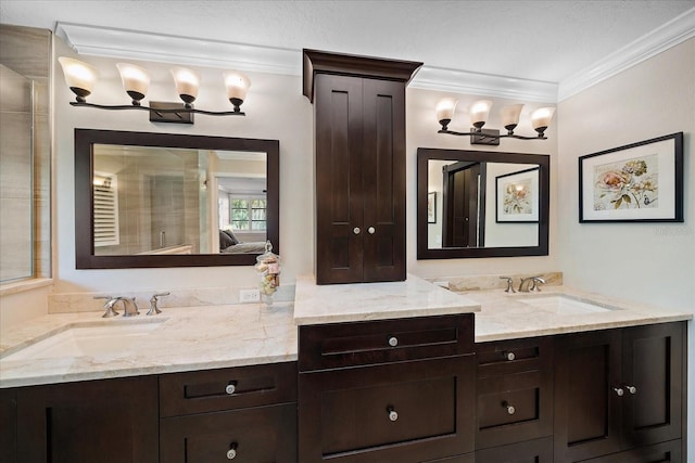 ensuite bathroom featuring connected bathroom, vanity, and crown molding