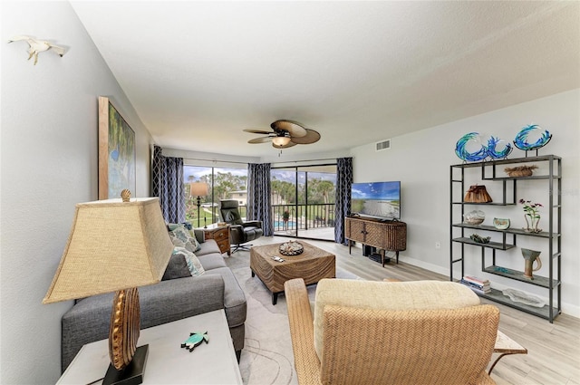 living area featuring ceiling fan, light wood finished floors, visible vents, and baseboards