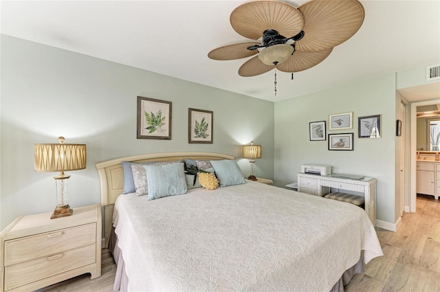 bedroom featuring light wood-type flooring, ceiling fan, and baseboards