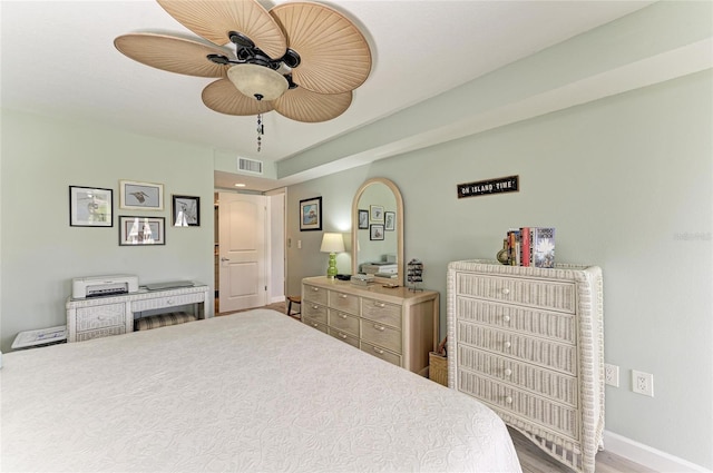 bedroom featuring a ceiling fan, visible vents, and baseboards