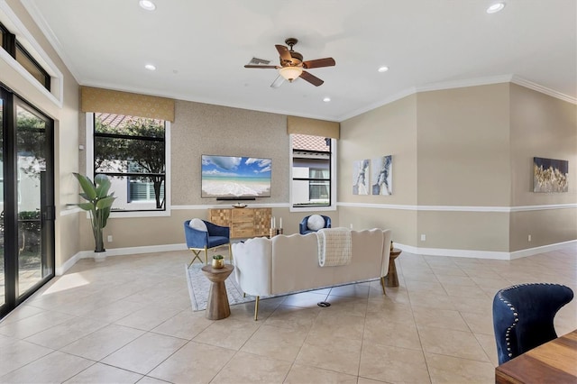 living room with light tile patterned floors, baseboards, crown molding, and recessed lighting