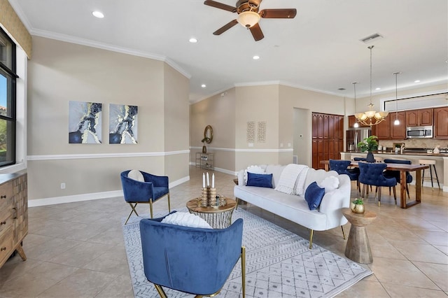 living room with light tile patterned floors, ornamental molding, visible vents, and baseboards