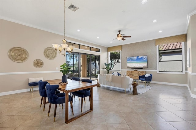 dining area featuring recessed lighting, baseboards, visible vents, and ornamental molding