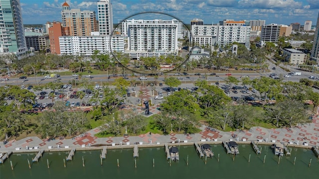 drone / aerial view with a water view and a city view